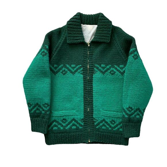Wool Knit Zip Up Cowichan Sweater Jacket Green Small - Unisex - Picture 1 of 7